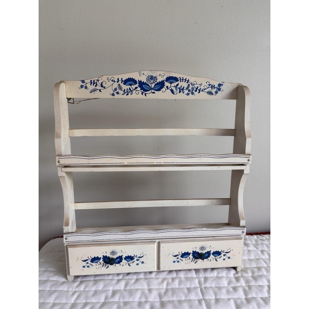 1950s Arnart Blue Onion Porcelain Spice Jars with Wooden Wall Rack & Drawers - Picture 6 of 16